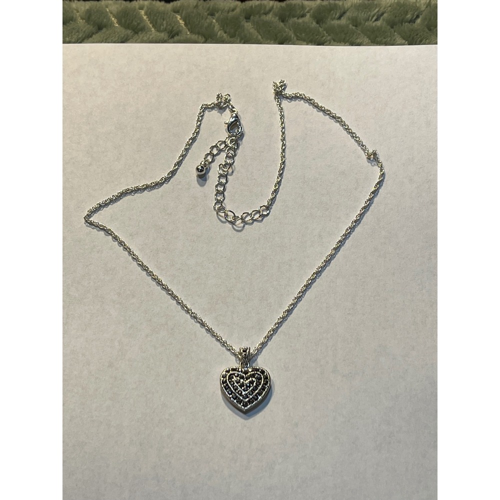 Silver Tone Black Rhinestone Heart Pendant Necklace Adjustable Rope Chain